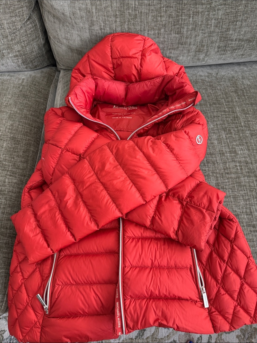 Michael Kors Kids Bright Red Quilted Puffer Jacket with Hood
